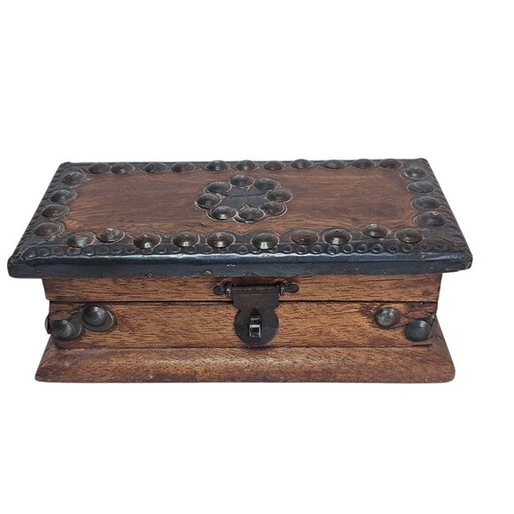 Vintage studded wood Lidded Trinket box Wooden Storage Jewelry Metal Studs